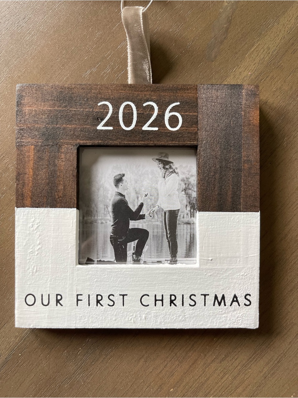 2026 'Our First Christmas' Two-Tone Brown & White Wood Photo Ornament